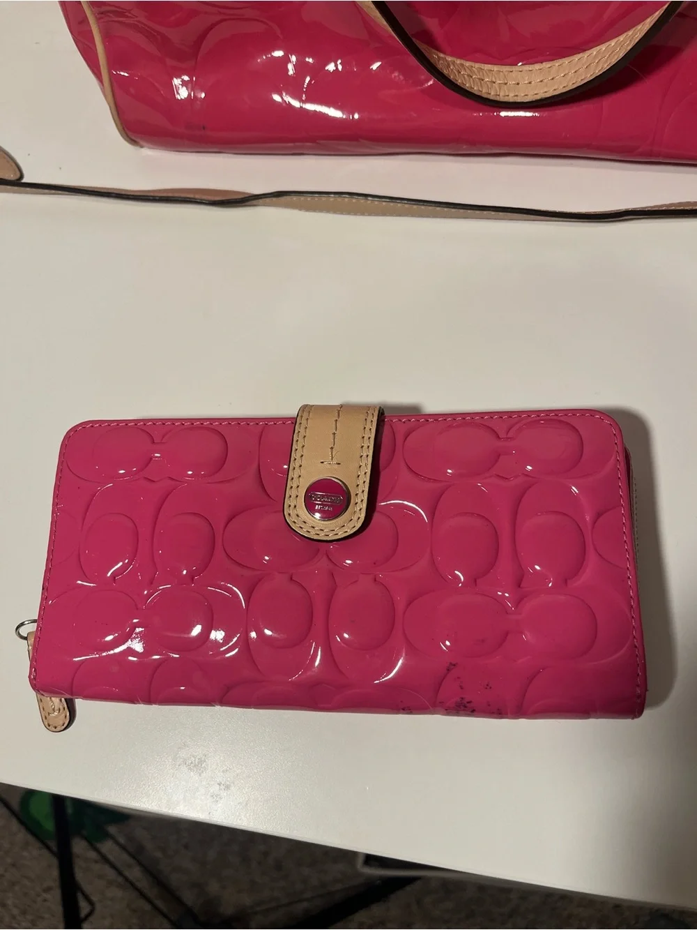 Coach Signature hot pink glossy leather purse and matching wallet SET